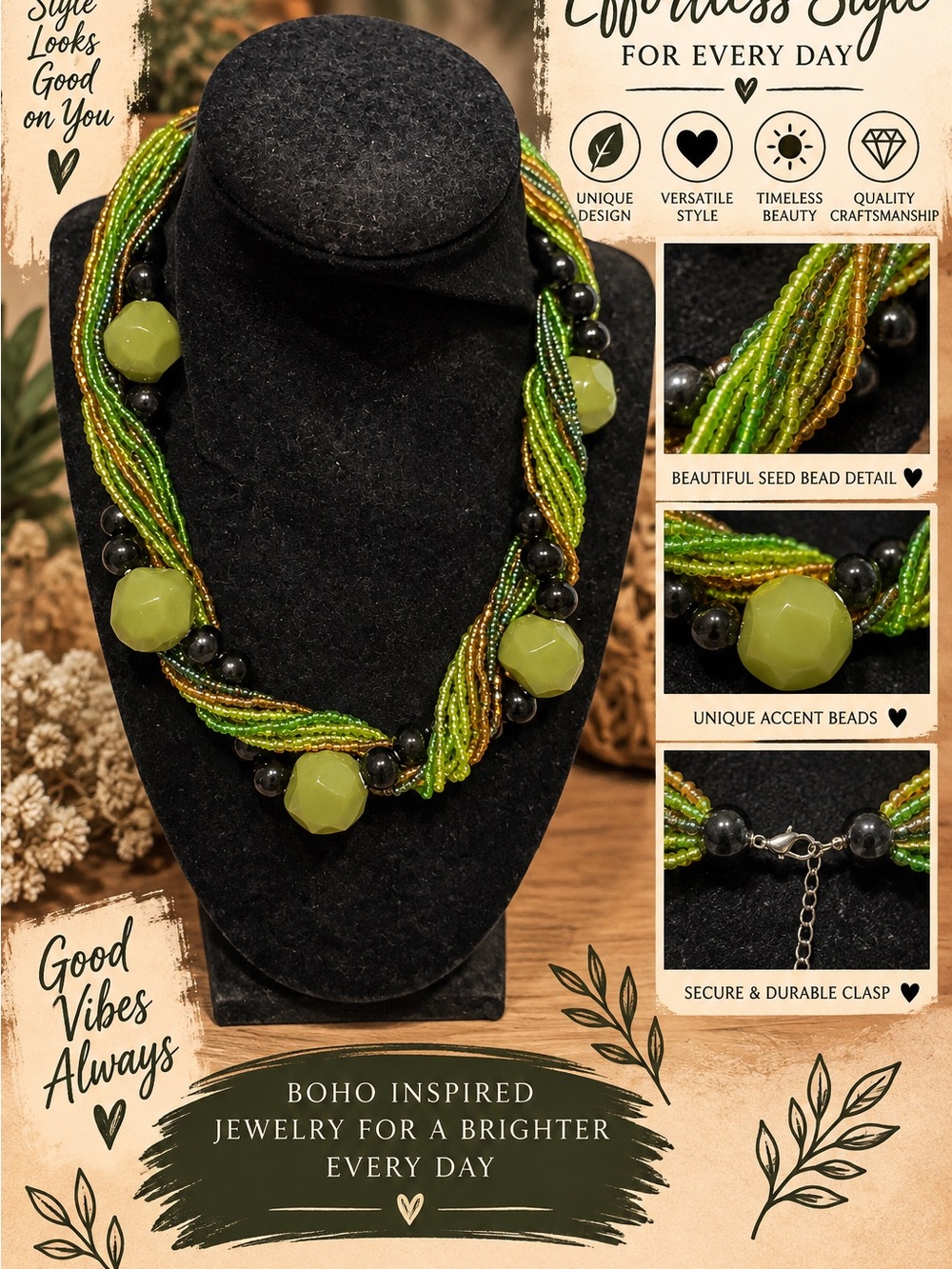 Erica Lyons Lime Green Multistrand Seed Bead Necklace with Olive Faceted Accents
